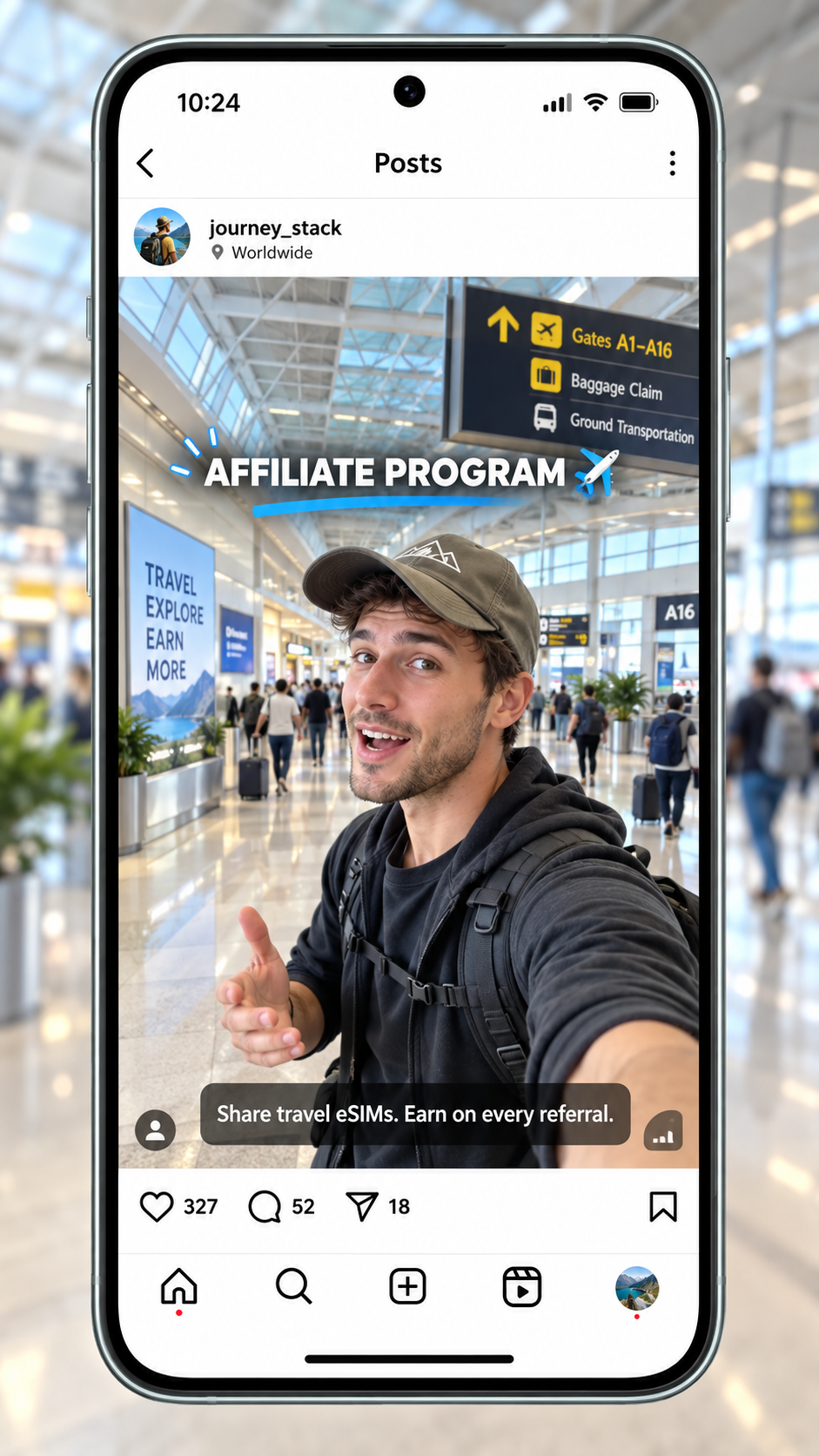 A travel creator promoting an eSIM affiliate program through an airport social media post