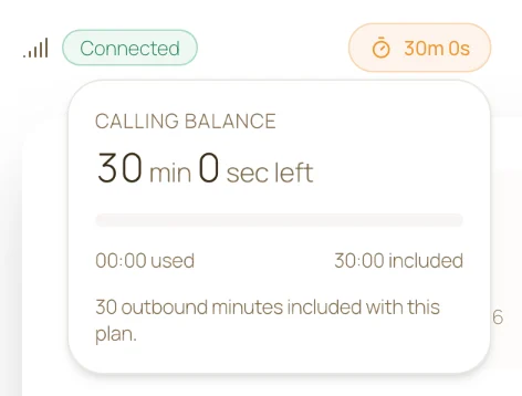 A clear calling balance shows minutes used and included at a glance