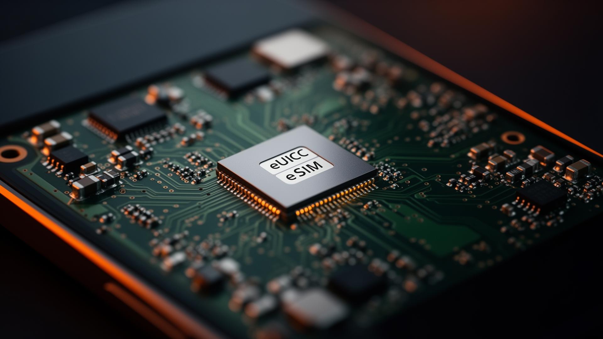 Macro photograph of an embedded eUICC eSIM chip soldered onto a smartphone motherboard