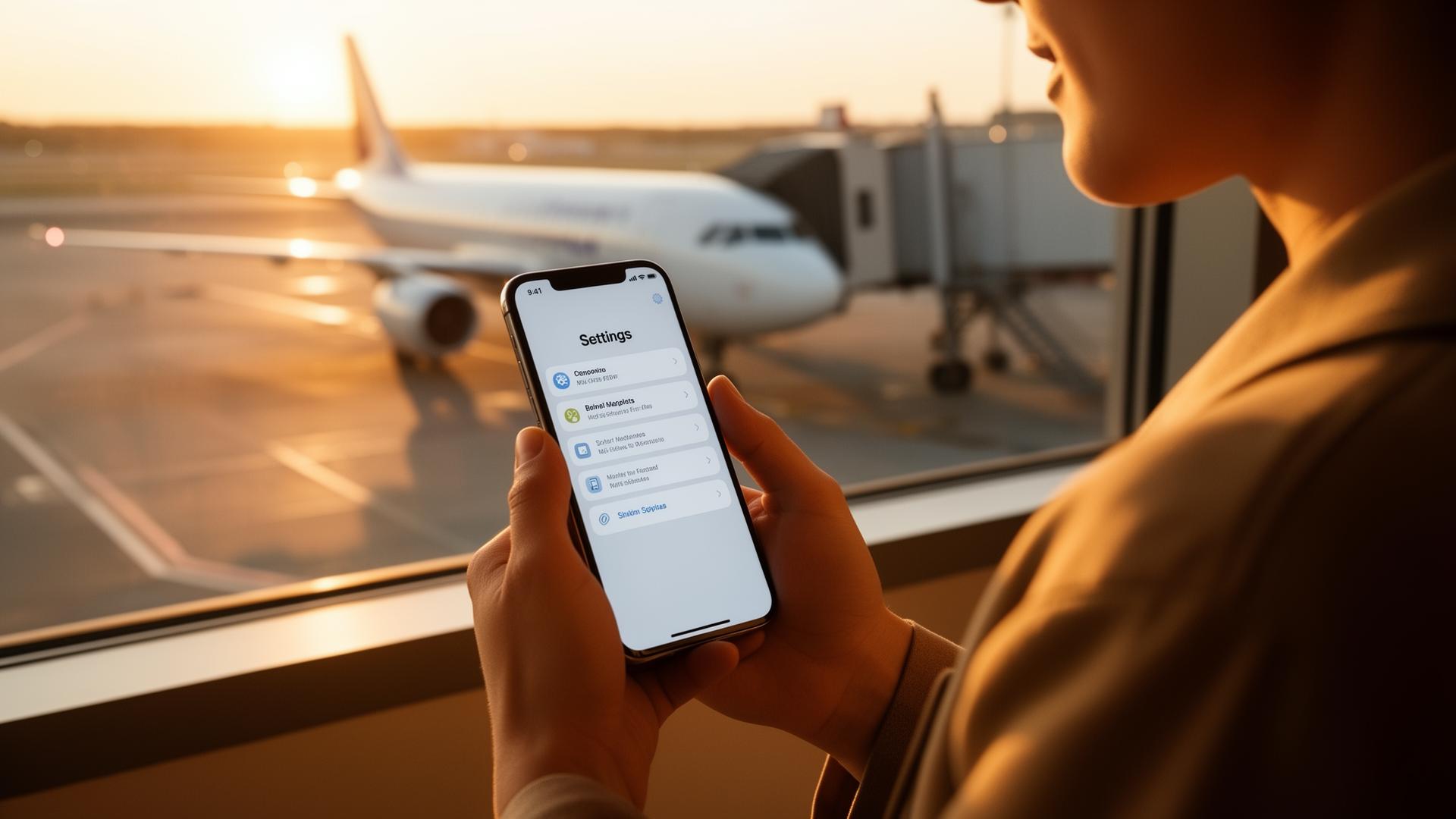 Traveler at an airport gate activating an eSIM on their smartphone before boarding